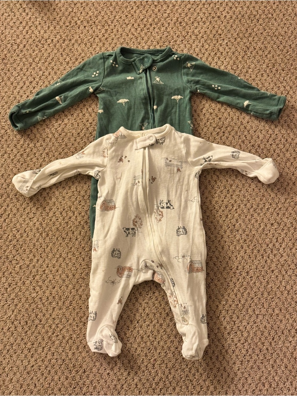Carter's Green and Cream Footed One-Piece Sleepers with Nature & Farm Prints